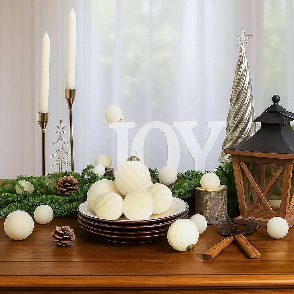 36PCS Velvet Christmas Ornaments Set Mixed Flocked Balls Ornaments Shatterproof Christmas Tree Decorations for Holiday,Party,Home(Beige)