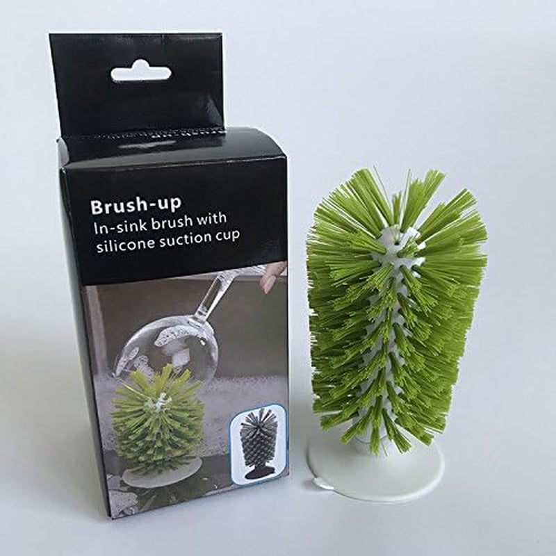 Brush-Up Glass Brush with Suction Cup Upright Stays in Sink Bristle Scrub Kitchen Bottle Cleaning Washing (Green)