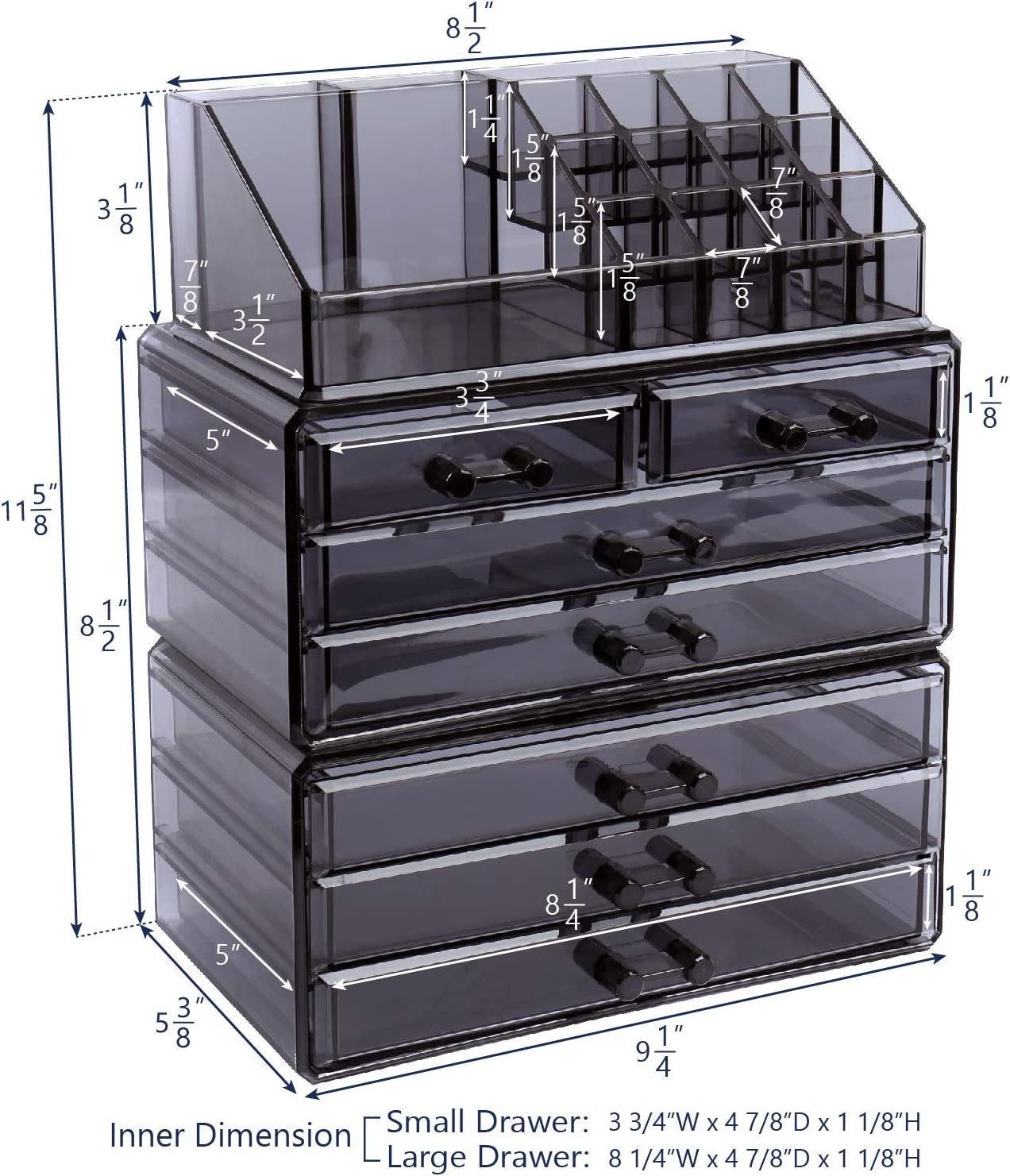 Cosmetics Makeup and Jewelry Storage Case Display, Stylish Bathroom Case Great for Lipstick, Nail Polish, Brushes, Jewelry and More, Overall: 9 1/4"W X 5 3/8"D X 11 5/8"H, Gray