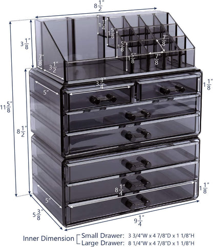 Cosmetics Makeup and Jewelry Storage Case Display, Stylish Bathroom Case Great for Lipstick, Nail Polish, Brushes, Jewelry and More, Overall: 9 1/4"W X 5 3/8"D X 11 5/8"H, Gray