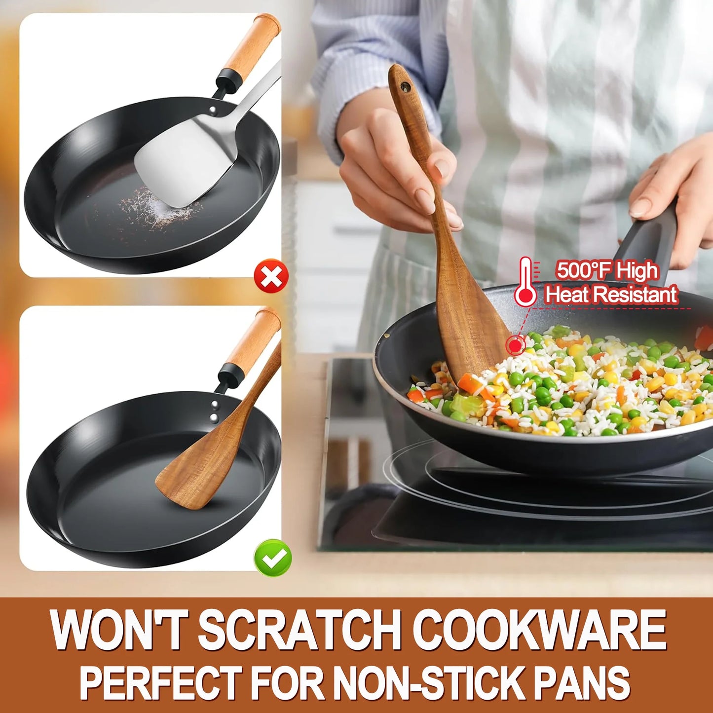 Wooden Spoons for Cooking, 9 Pcs Natural Teak Kitchen Utensil Set with Utensils Holder & Spoon Rest, Wooden Cooking Utensils for Nonstick Pans & Cookware