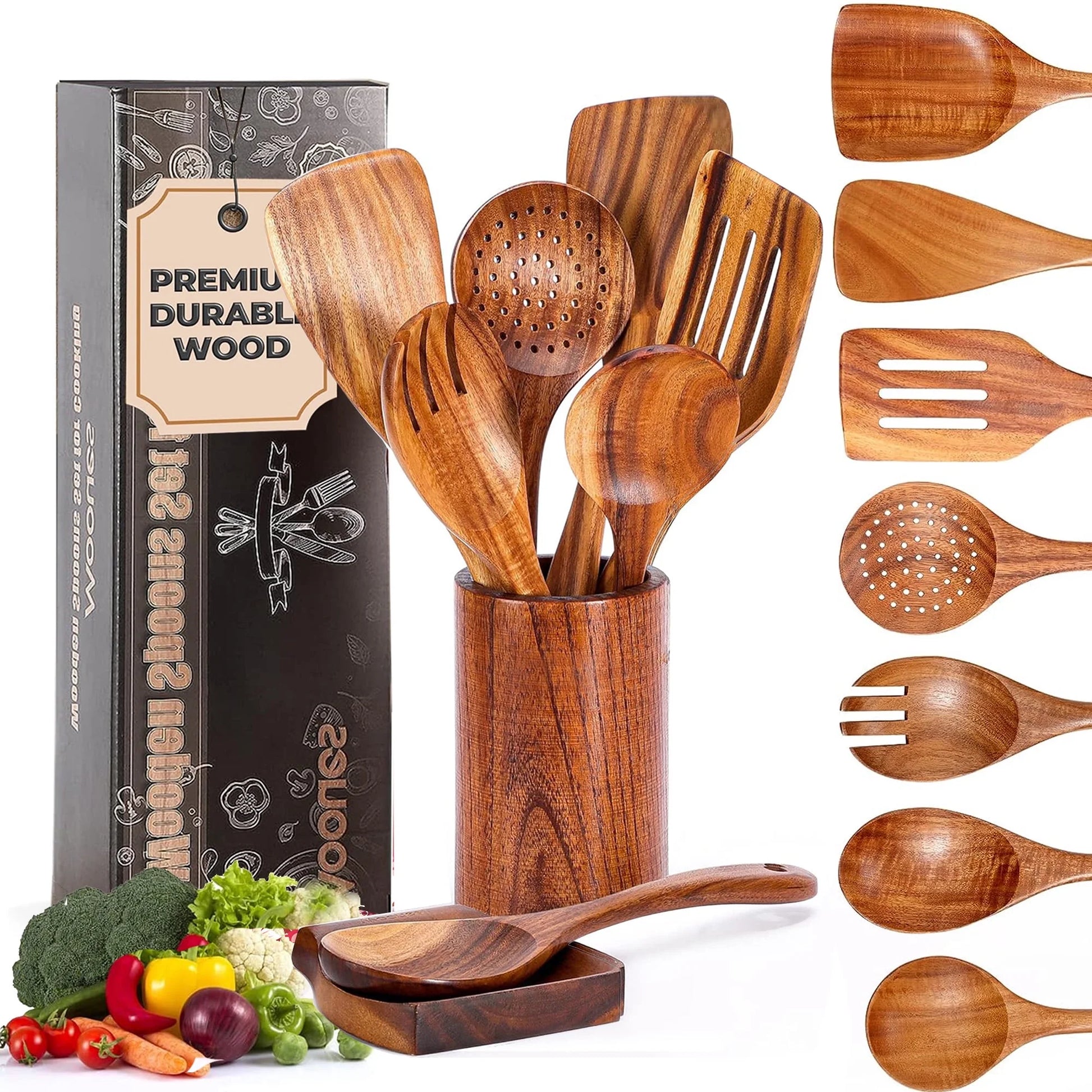 Wooden Spoons for Cooking, 9 Pcs Natural Teak Kitchen Utensil Set with Utensils Holder & Spoon Rest, Wooden Cooking Utensils for Nonstick Pans & Cookware
