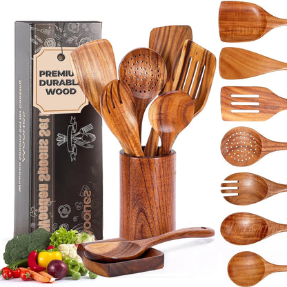 Wooden Spoons for Cooking, 9 Pcs Natural Teak Kitchen Utensil Set with Utensils Holder & Spoon Rest, Wooden Cooking Utensils for Nonstick Pans & Cookware