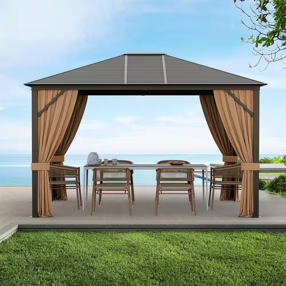 12 Ft. X 10 Ft. Brown Patio Hardtop Gazebo with Galvanized Steel Top Aluminum Frame Outdoor