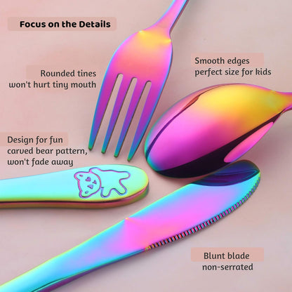 Kids Silverware,  Stainless Steel Children Flatware Set, Toddler Utensils Set of 4, Rainbow