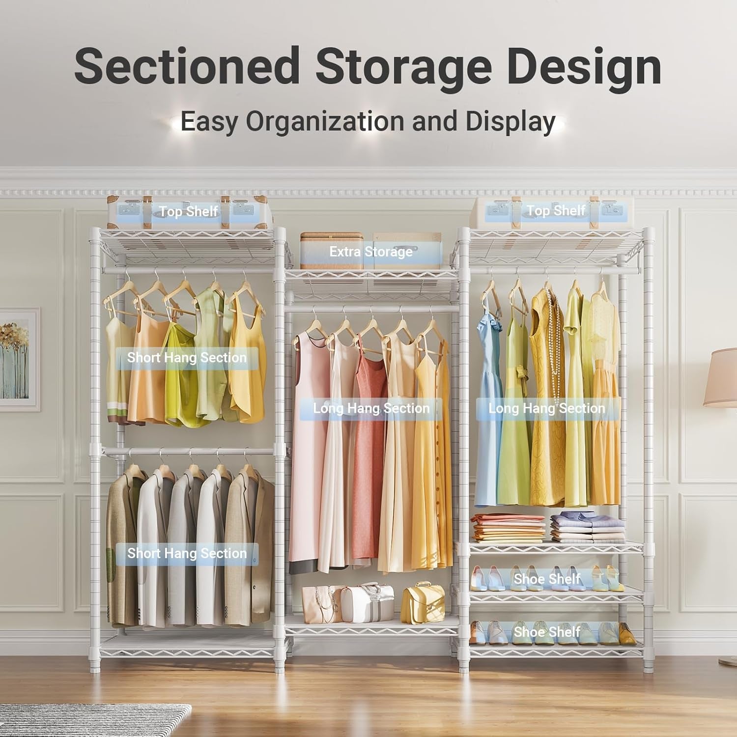 V5 Portable Closet Wardrobe Heavy Duty Clothes Rack, Freestanding Clothing Racks with 4 Hang Rods & 8 Shelves, Adjustable Custom Closet Racks, 68.9" L X 15.7" W X 76.4" H, Max Load 800LBS, White