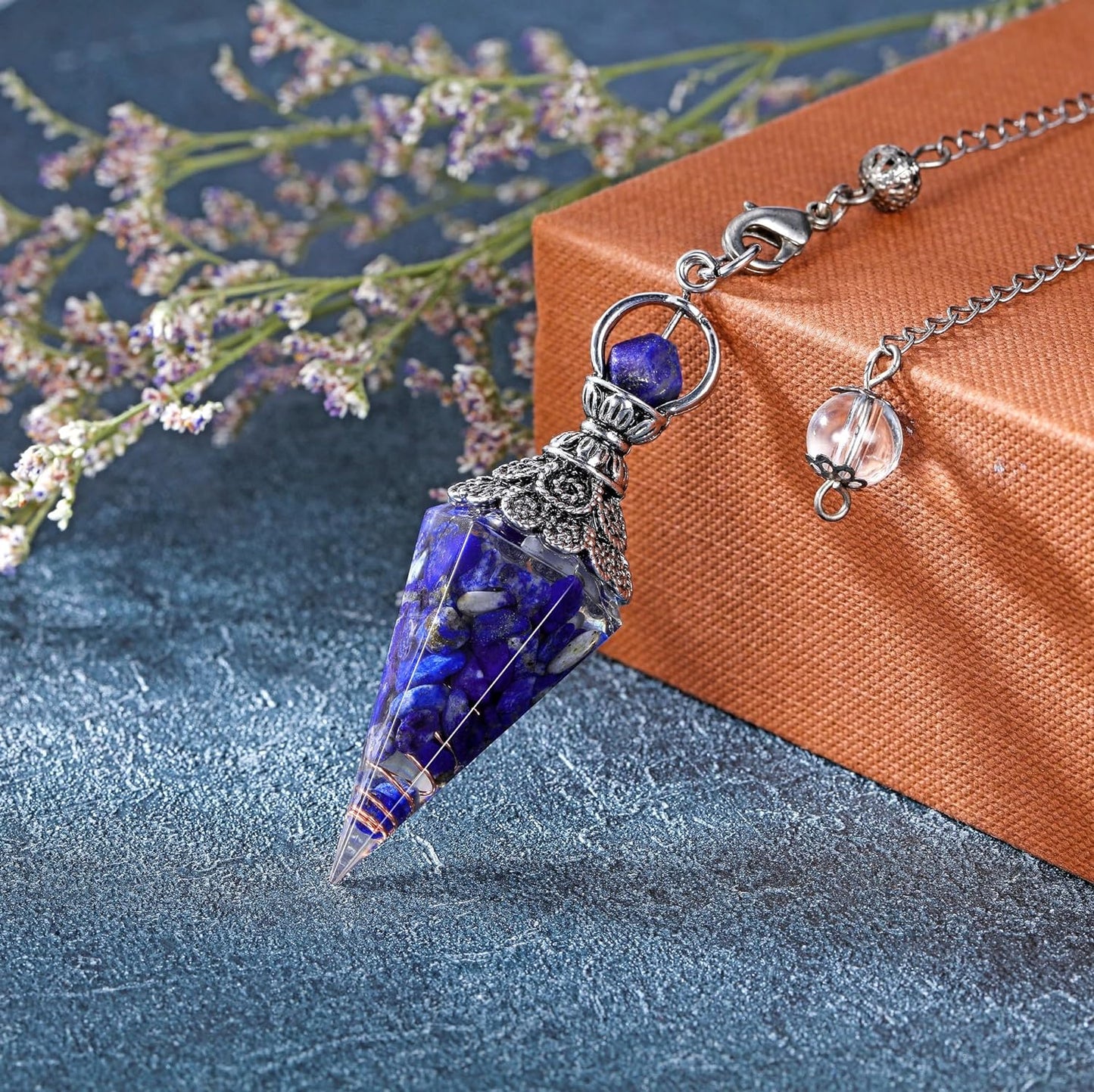 Natural Lapis Lazuli Healing Crystal Dowsing Pendulum Reiki Gemstone Chips Orgone Pendulum 6 Faceted Hexagonal Pointed Resin Spiritual Pendant for Divination, Wicca, Energy Balancing