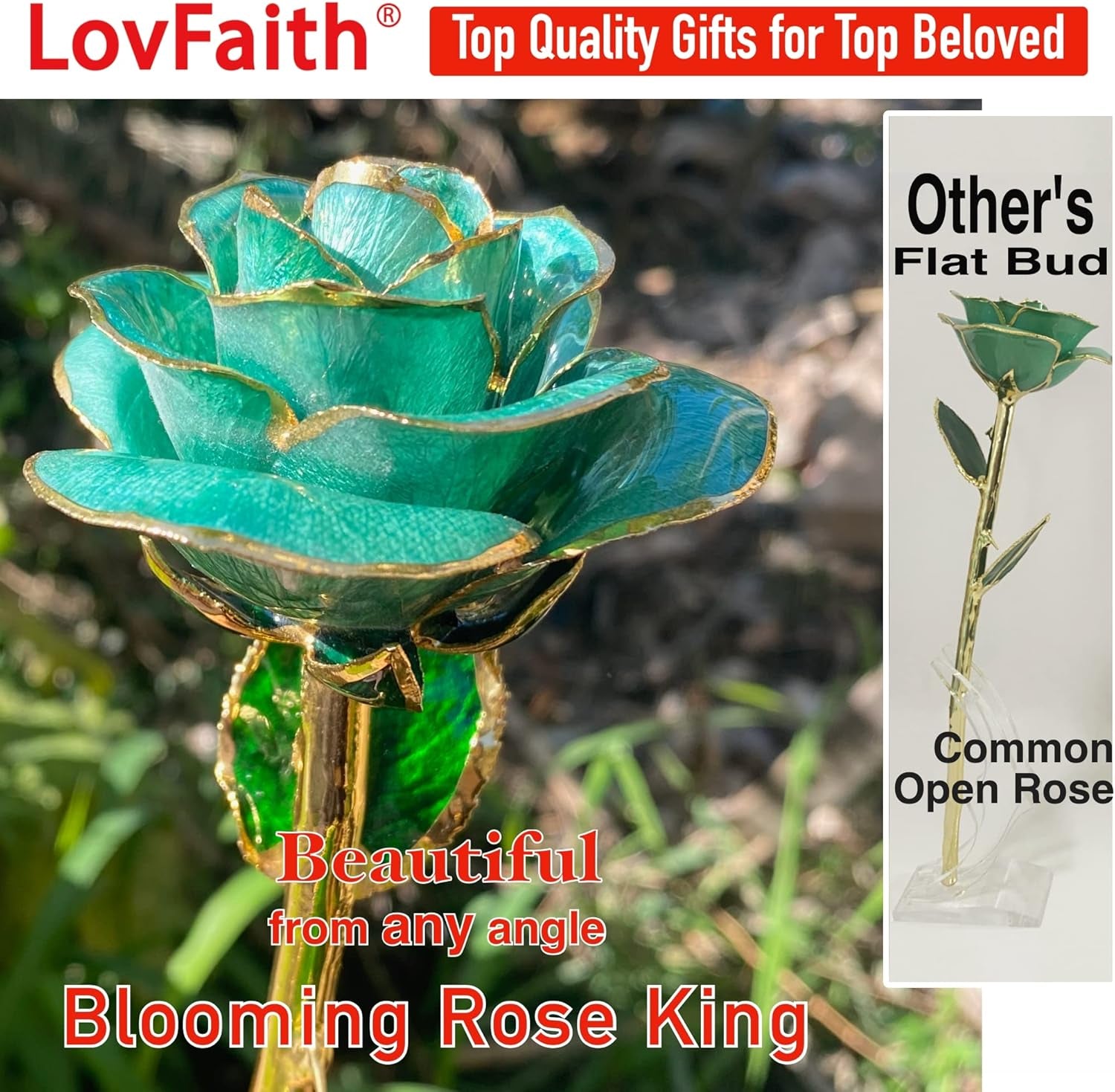 Valentine Gift Real Rose Dipped 24K Gold with Crystal Stand, Best Anniversary Rose Gift for Her Wife Mother Birthday Christmas (C21. Teal Blue -Thick Gold Blooming)