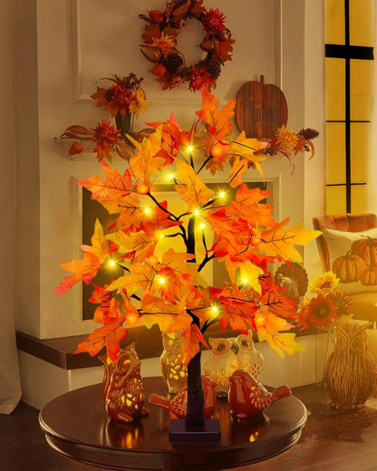 Fall Decorations for Home, 25" 24 LED Artificial Fall Maple Leaves Table Tree with Pumpkins Lights Indoor Wedding Party Autumn Thanksgiving Decor
