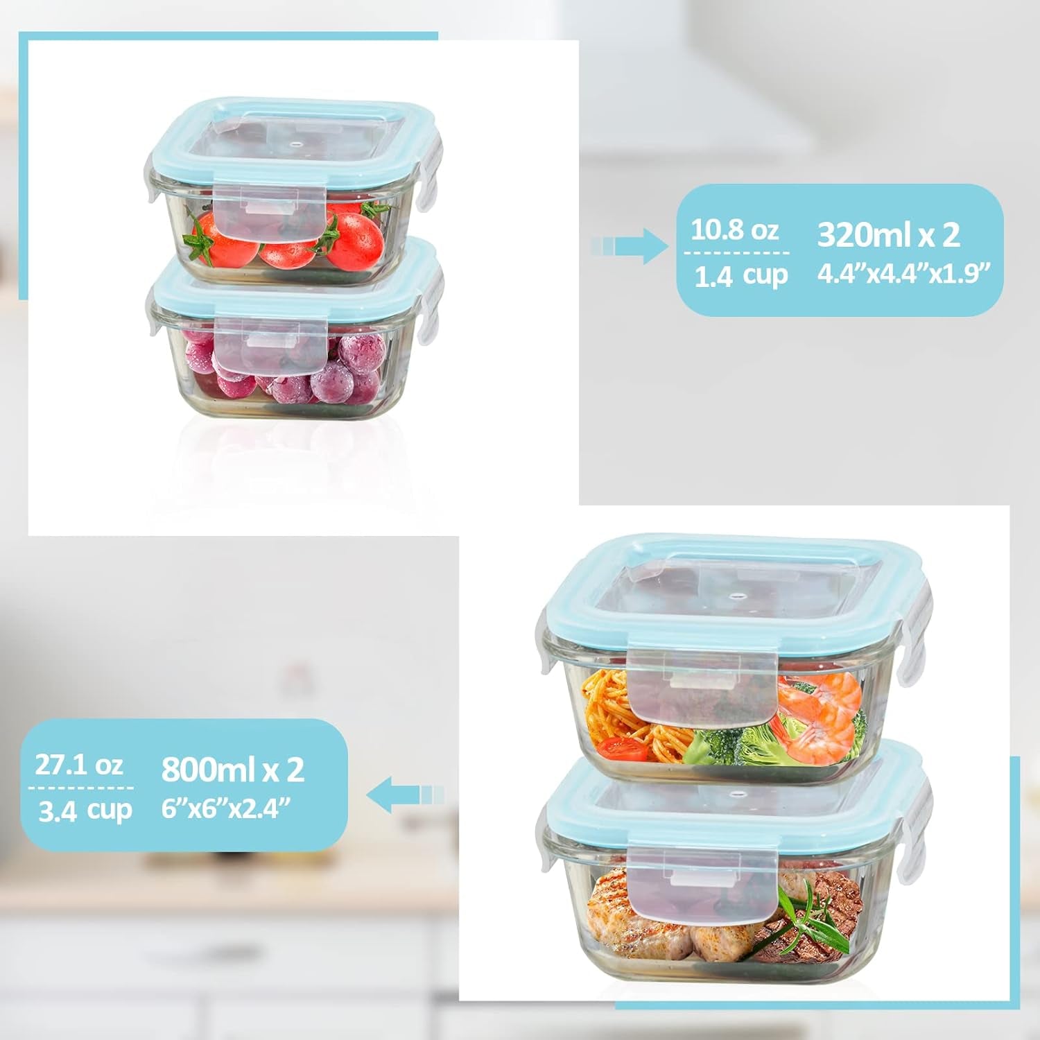 Glass Food Storage Containers with Lids Airtight 4 Pack, Glass Storage Containers with Lids for Food, Not Easy Broken & Leak Proof, Glass Containers with Lids for Oven/Dishwasher Safe, Blue