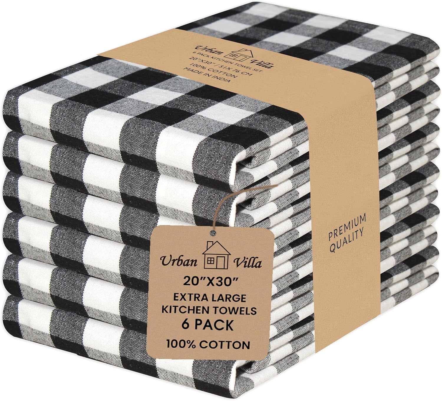 Kitchen Towels 100% Cotton Dish Towels for Kitchen (Set of 6) 20”X30” Dish Cloths Highly Absorbent Kitchen Linen Set with Hanging Loop Perfect for Drying Dishes Cleaning – Black White