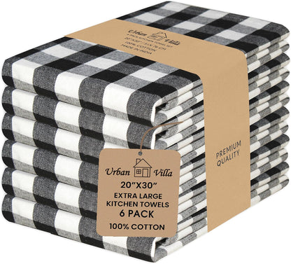Kitchen Towels 100% Cotton Dish Towels for Kitchen (Set of 6) 20”X30” Dish Cloths Highly Absorbent Kitchen Linen Set with Hanging Loop Perfect for Drying Dishes Cleaning – Black White