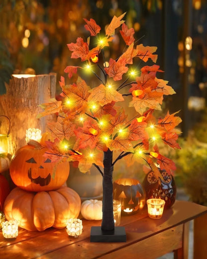 Fall Decorations for Home, 25" 24 LED Artificial Fall Maple Leaves Table Tree with Pumpkins Lights Indoor Wedding Party Autumn Thanksgiving Decor