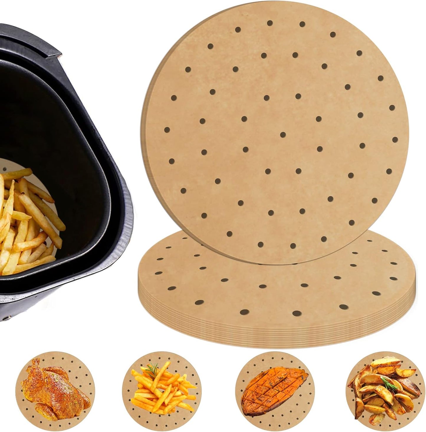 7 Inch Air Fryer Liners, 100Pcs Perforated Parchment Paper Compatible with Philips, Cozyna, Secura, Nuwave Brio, Chefman, Gowise USA, COSORI and More 3.4~3.7Qt Air Fryers