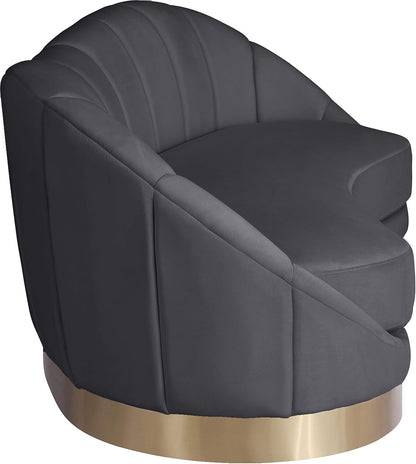 Shelly Collection Modern | Contemporary Velvet Upholstered Shell Shaped Chair with Brushed Gold Stainless Steel Base, 90" W X 40.75" D X 32" H, Grey
