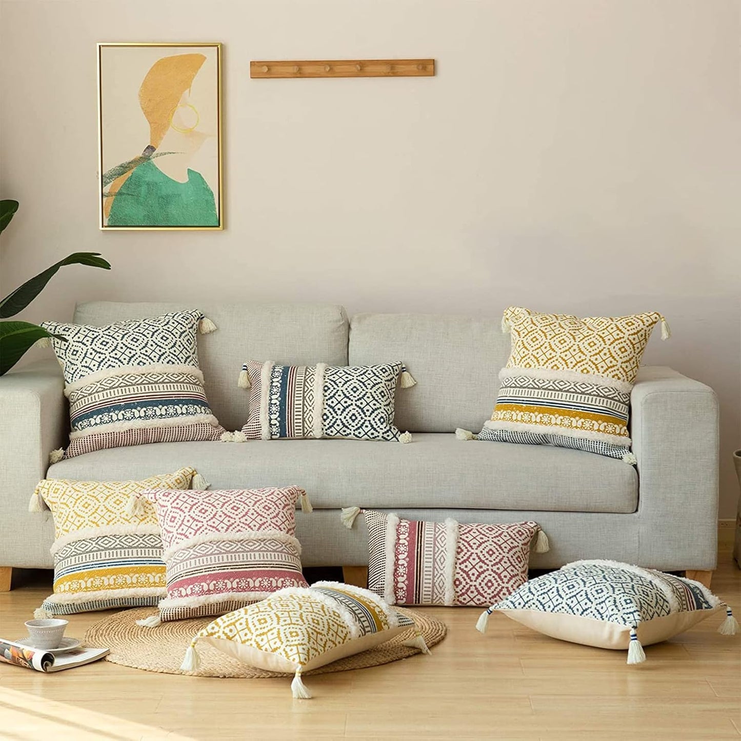 Boho Tufted Decorative Throw Pillow Cover 18X18, Modern Moroccan Style with Tassels, Accent Decor Pillowcase for Couch, Sofa, Bedroom, Car, or Hotel, Blue