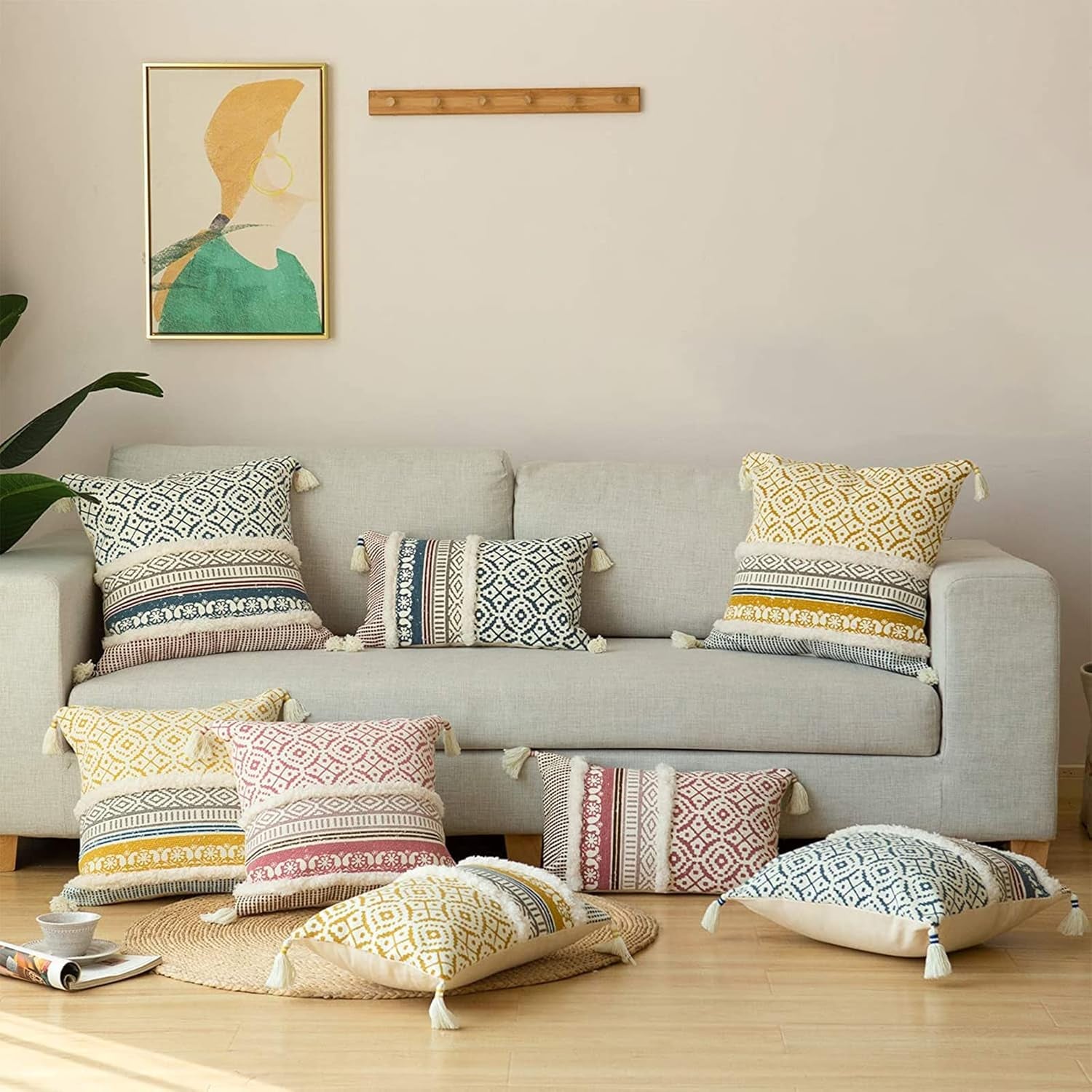 Boho Tufted Decorative Throw Pillow Cover 18X18, Modern Moroccan Style with Tassels, Accent Decor Pillowcase for Couch, Sofa, Bedroom, Car, or Hotel, Blue