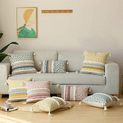 Boho Tufted Decorative Throw Pillow Cover 18X18, Modern Moroccan Style with Tassels, Accent Decor Pillowcase for Couch, Sofa, Bedroom, Car, or Hotel, Blue