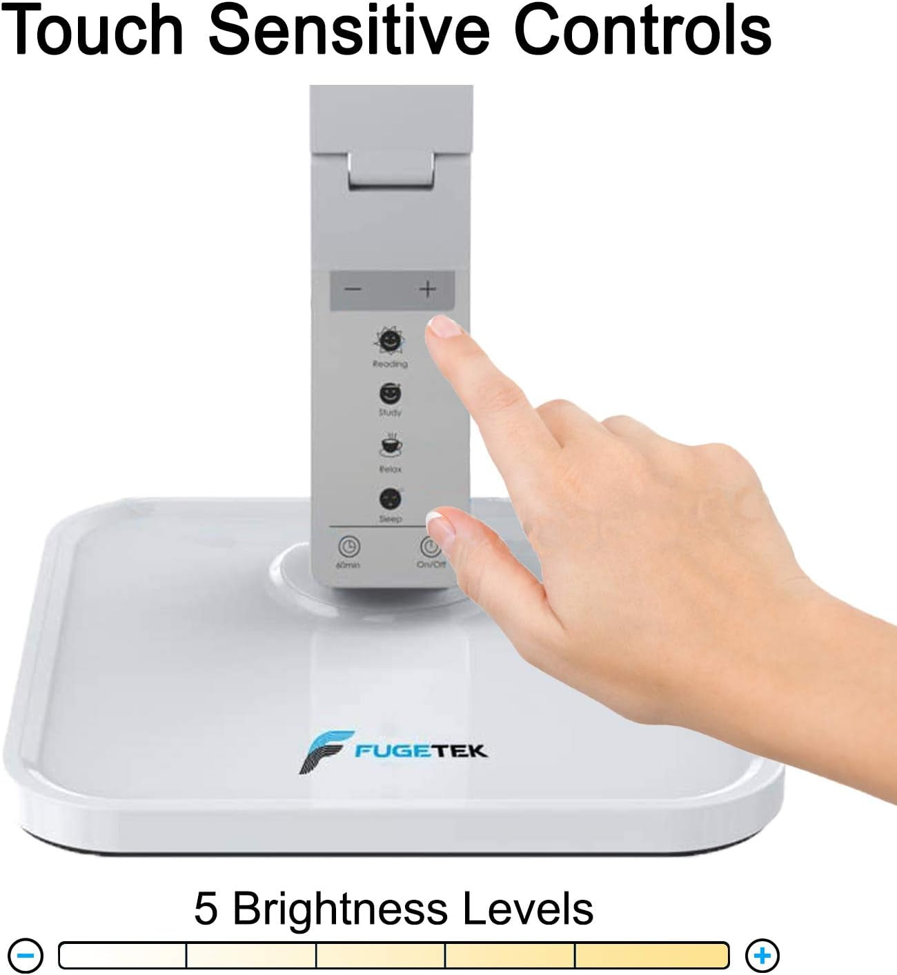 LED Desk Lamp  FT-L798, 5-Level Dimmer, Touch Control Panel, 1-Hour Auto Timer, 5V/1A USB Charging Port - Jet Black (White)