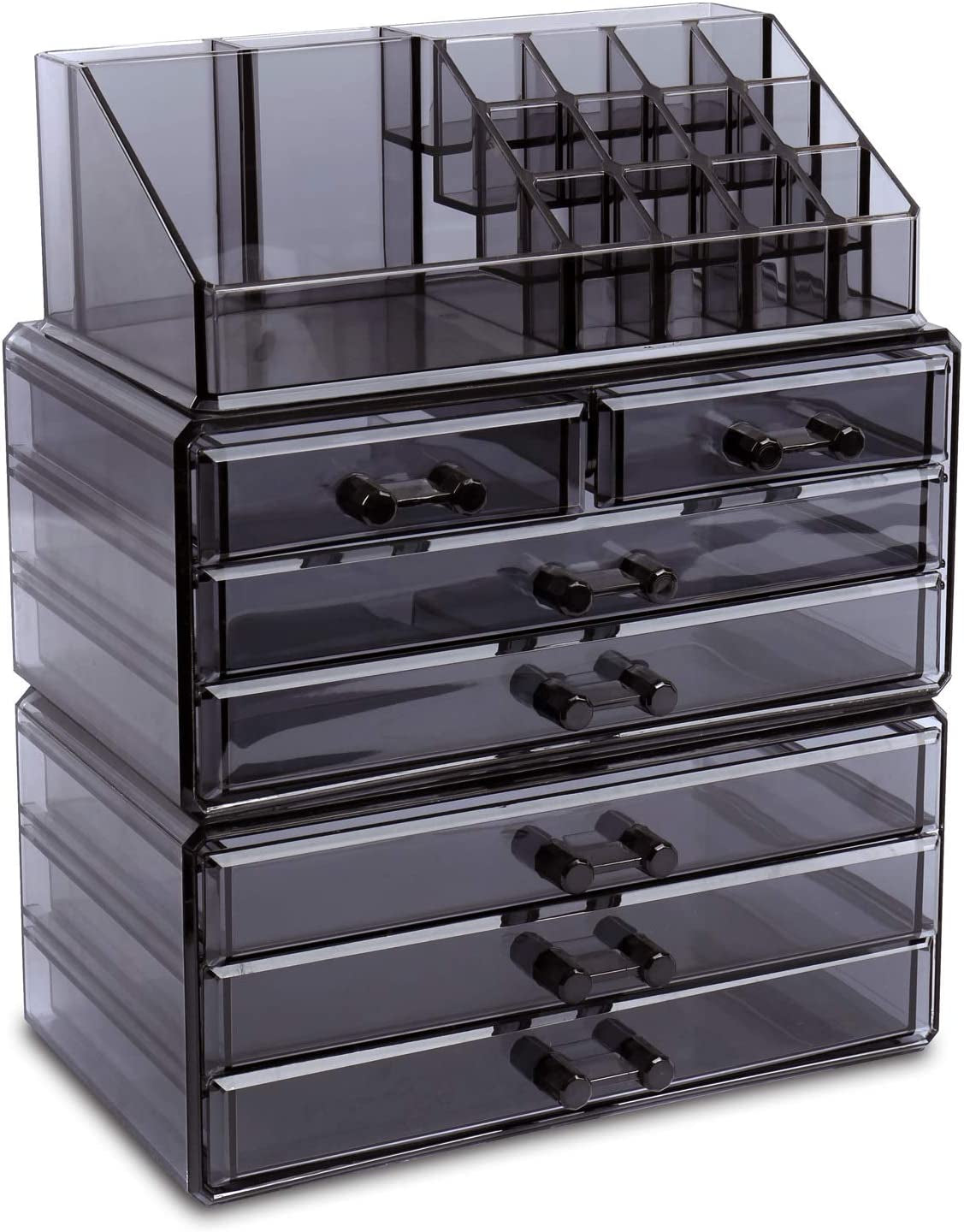 Cosmetics Makeup and Jewelry Storage Case Display, Stylish Bathroom Case Great for Lipstick, Nail Polish, Brushes, Jewelry and More, Overall: 9 1/4"W X 5 3/8"D X 11 5/8"H, Gray