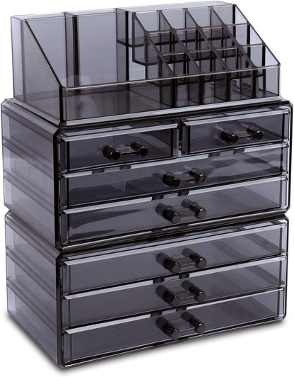 Cosmetics Makeup and Jewelry Storage Case Display, Stylish Bathroom Case Great for Lipstick, Nail Polish, Brushes, Jewelry and More, Overall: 9 1/4"W X 5 3/8"D X 11 5/8"H, Gray