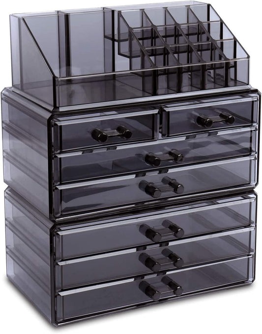 Cosmetics Makeup and Jewelry Storage Case Display, Stylish Bathroom Case Great for Lipstick, Nail Polish, Brushes, Jewelry and More, Overall: 9 1/4"W X 5 3/8"D X 11 5/8"H, Gray