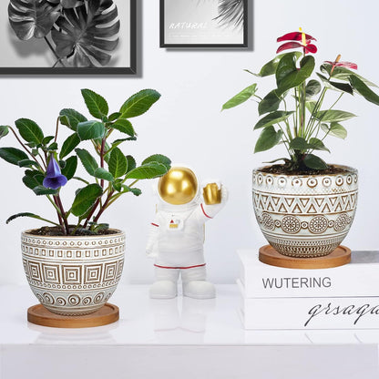 5.5In Geometry Ceramic Planter Large round Succulent Planter Flower Pot Indoor and Outdoor Brown Set of 2
