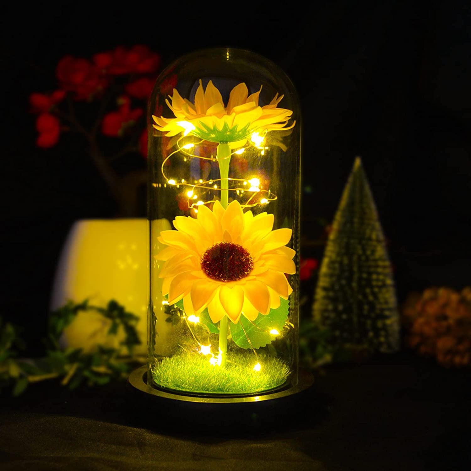 Sunflower Gift for Women,Sun Flowers Home Decor,Preserved Sunflower Bouquet in Glass Dome,Birthday Gifts for Her Mom