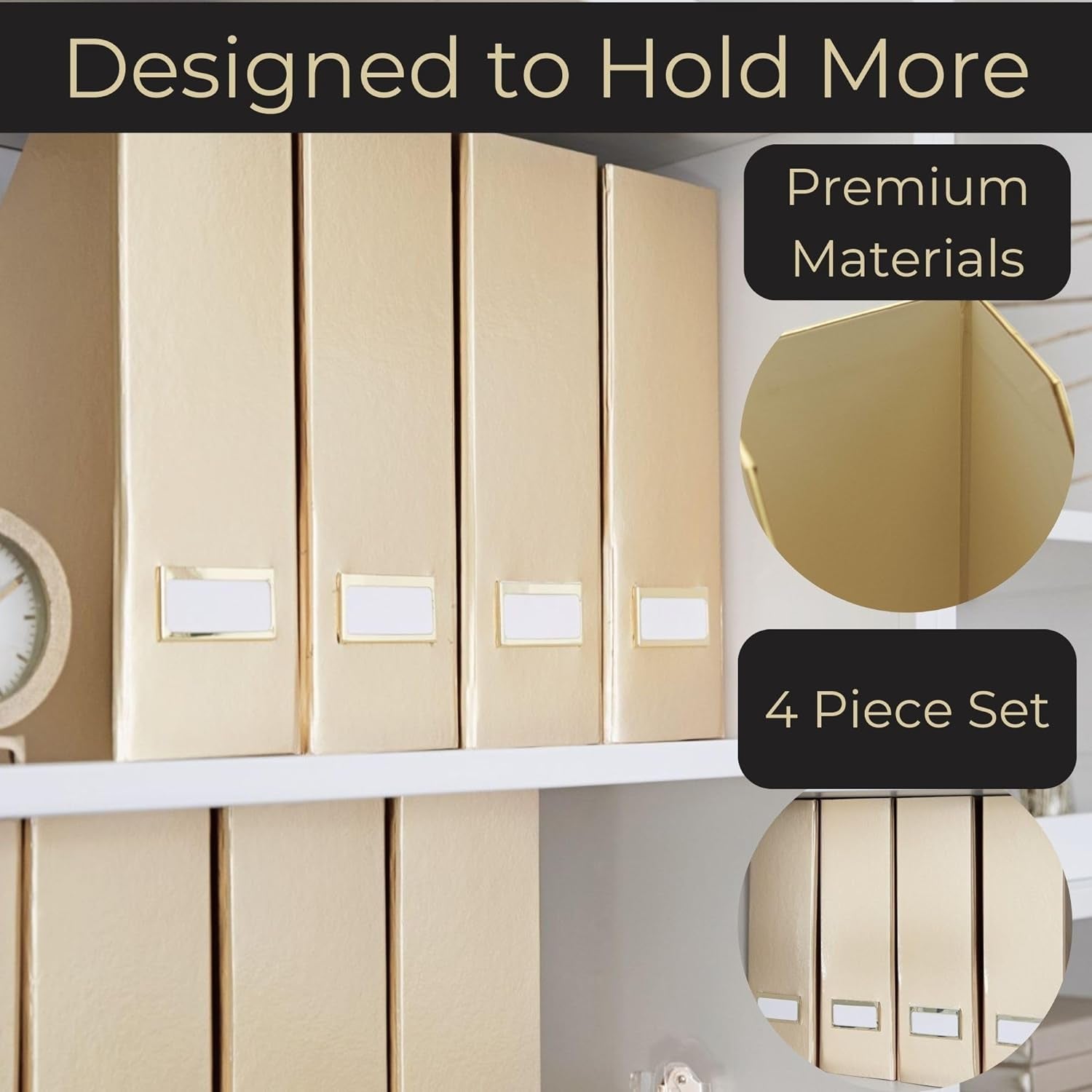 Gold Magazine File Holder Set of 4 – Stylish Desk Organizer for Home & Office - Elegant Supplies, Bookends & Durable File Holders for a Gold Office Decor