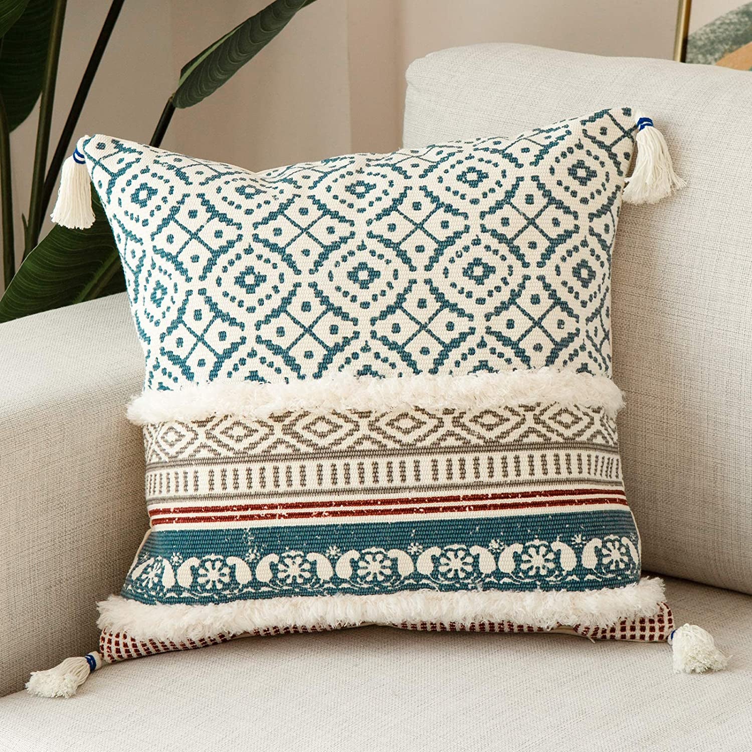 Boho Tufted Decorative Throw Pillow Cover 18X18, Modern Moroccan Style with Tassels, Accent Decor Pillowcase for Couch, Sofa, Bedroom, Car, or Hotel, Blue
