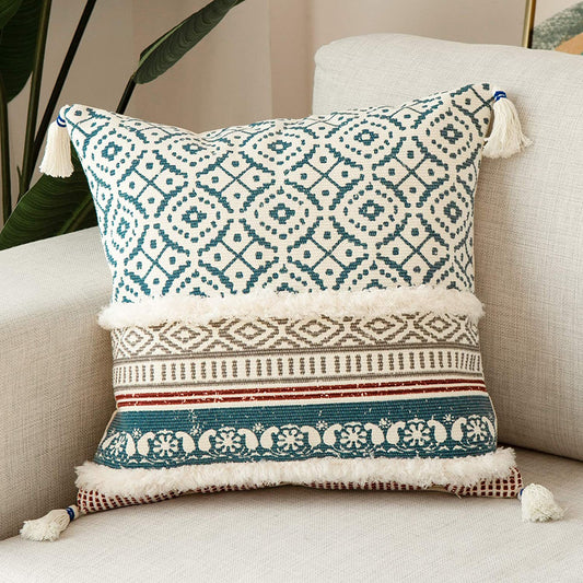 Boho Tufted Decorative Throw Pillow Cover 18X18, Modern Moroccan Style with Tassels, Accent Decor Pillowcase for Couch, Sofa, Bedroom, Car, or Hotel, Blue