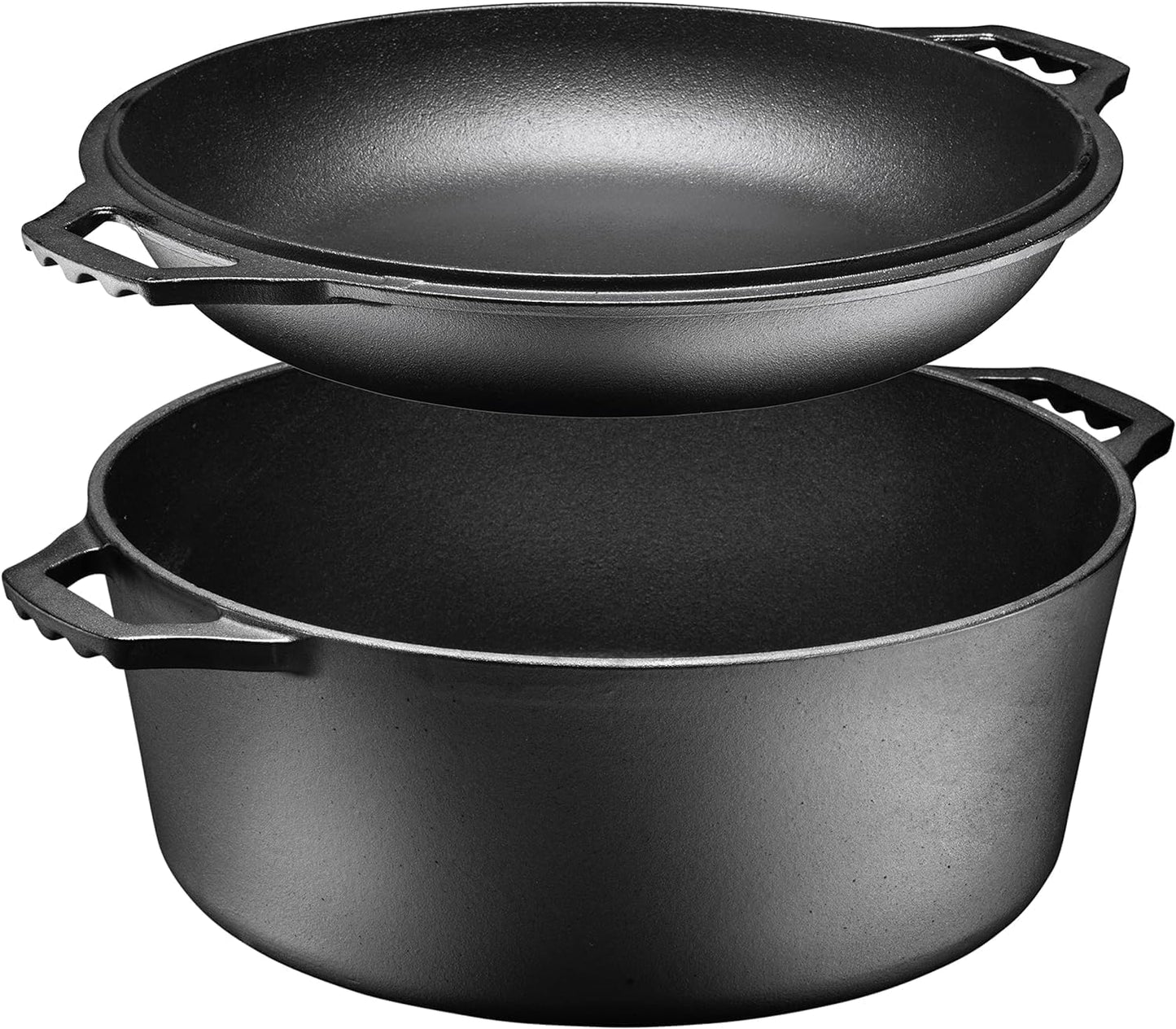 Pre-Seasoned Cast Iron Double Dutch Oven with Skillet Lid - 7 Quart All-In-One Casserole and Braising Pan - Heavy Duty and Oven Safe Black Cookware for Versatile Cooking - 14.7 X 6.9 Inches