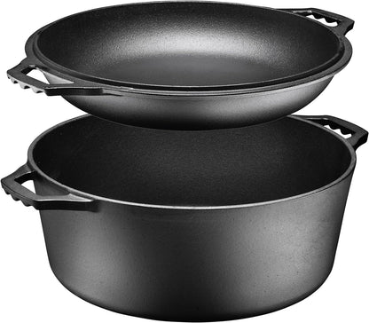 Pre-Seasoned Cast Iron Double Dutch Oven with Skillet Lid - 7 Quart All-In-One Casserole and Braising Pan - Heavy Duty and Oven Safe Black Cookware for Versatile Cooking - 14.7 X 6.9 Inches