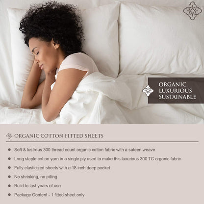 100% Organic Cotton 1 Fitted Sheet Queen Size Only | 300 Thread Count Sateen Weave GOTS Certified with Deep Pocket - Sand