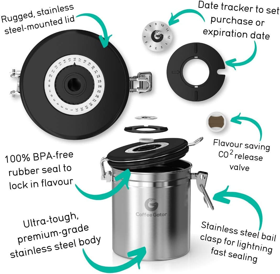 Coffee Canister Airtight, 16Oz Stainless Steel and 4Oz Borosilicate Glass Travel Kitchen Food Storage Container with Date Tracker, Scoop for Beans, Ground, Sugar, Tea, Cookies Jars