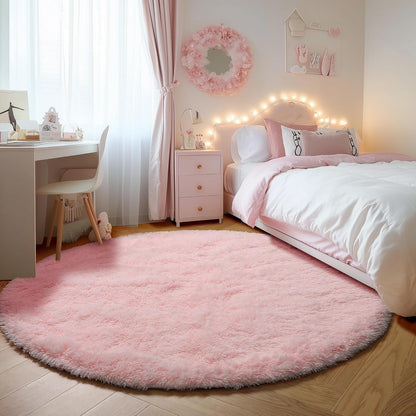 Light Pink round Area Rugs 2Ft for Bedroom Living Room, Fluffy Cat Dog Bed Mat, Washable Circle Rug for Kids Girls Boys Teen, Soft Plush Shaggy Carpet for Nursery Dorm Home Decor Aesthetic