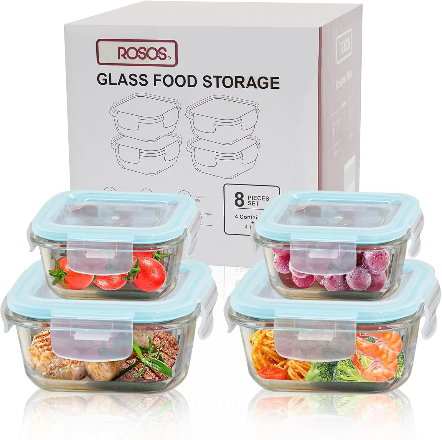 Glass Food Storage Containers with Lids Airtight 4 Pack, Glass Storage Containers with Lids for Food, Not Easy Broken & Leak Proof, Glass Containers with Lids for Oven/Dishwasher Safe, Blue