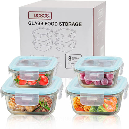 Glass Food Storage Containers with Lids Airtight 4 Pack, Glass Storage Containers with Lids for Food, Not Easy Broken & Leak Proof, Glass Containers with Lids for Oven/Dishwasher Safe, Blue