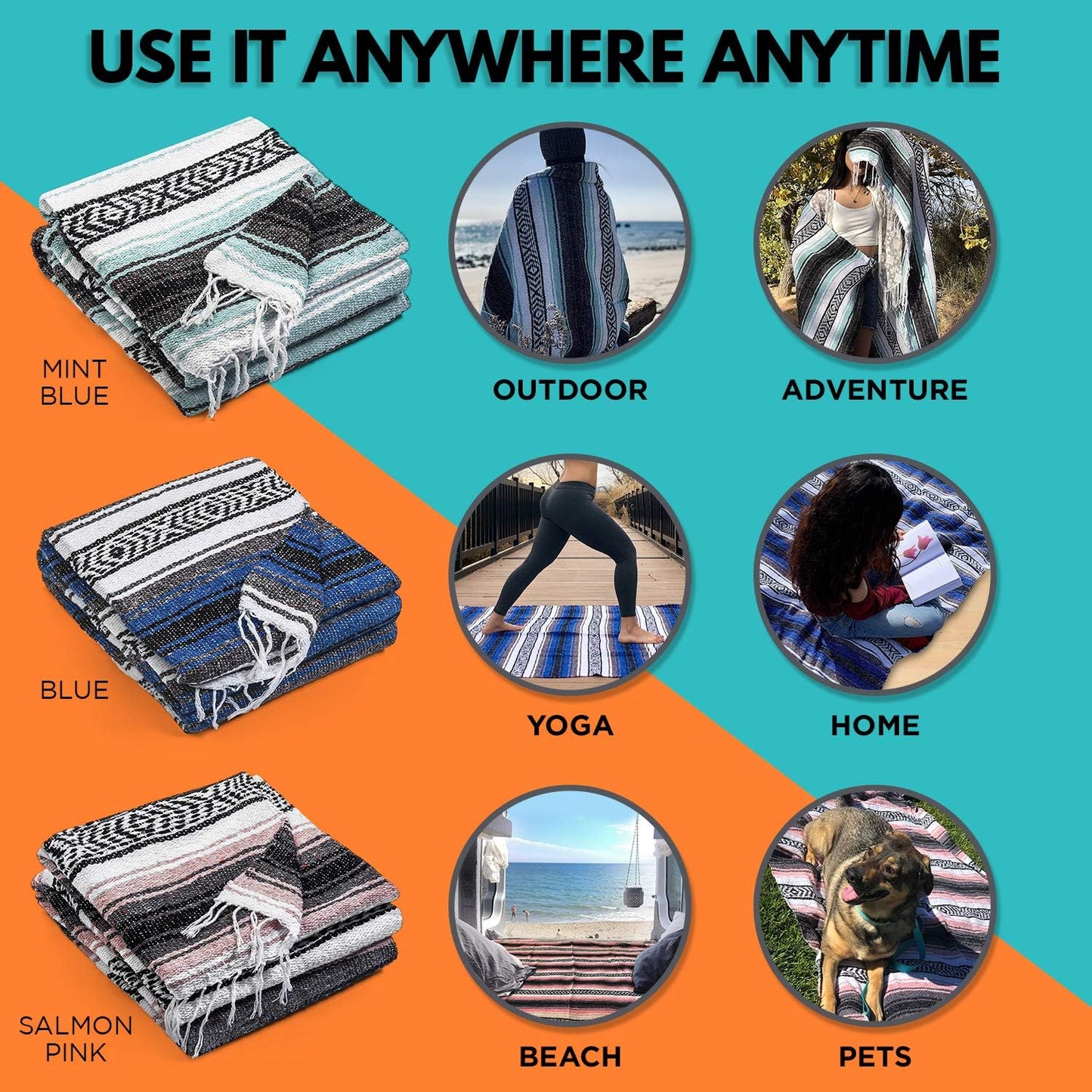 Authentic Mexican Blanket - Premium Yoga Blanket Beach Blanket - Perfect Picnic Blanket, Travel Blanket, Outdoor Blanket - Well Made Yoga Bolster (Mint)