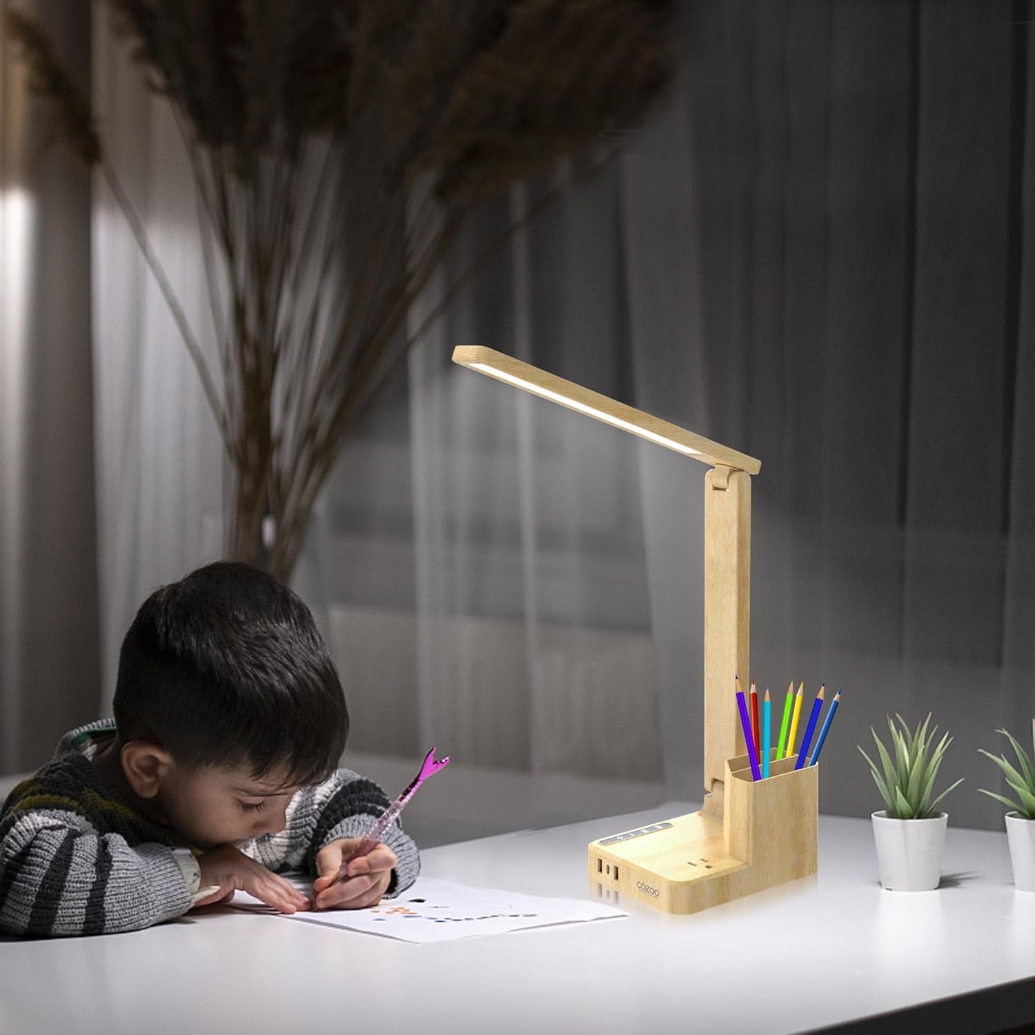 Wood LED Desk Lamp with 3 USB Charging Ports and 2 AC Outlets,3 Color Temperatures & 3 Brightness Levels, Touch/Memory/Timer Function,10W Eye Protection Foldable Reading Light,Office Table Lamp Wood