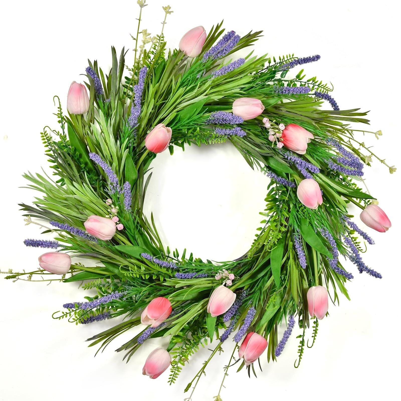 Beinhome 22 Inch Spring Summer Wreath, Pink Tulips and Lavender Wreath for Fr...