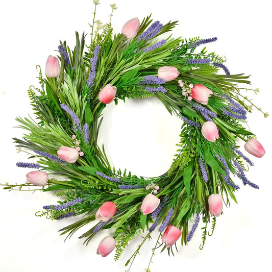 Beinhome 22 Inch Spring Summer Wreath, Pink Tulips and Lavender Wreath for Fr...