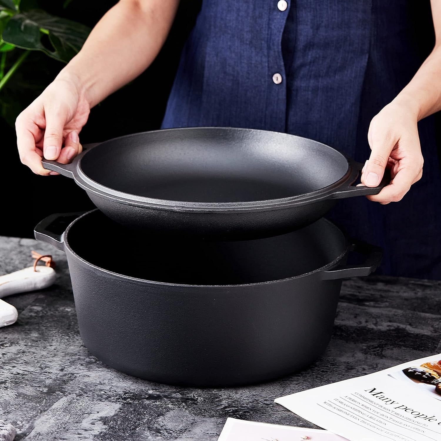 Pre-Seasoned Cast Iron Double Dutch Oven with Skillet Lid - 7 Quart All-In-One Casserole and Braising Pan - Heavy Duty and Oven Safe Black Cookware for Versatile Cooking - 14.7 X 6.9 Inches