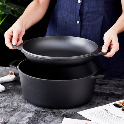 Pre-Seasoned Cast Iron Double Dutch Oven with Skillet Lid - 7 Quart All-In-One Casserole and Braising Pan - Heavy Duty and Oven Safe Black Cookware for Versatile Cooking - 14.7 X 6.9 Inches