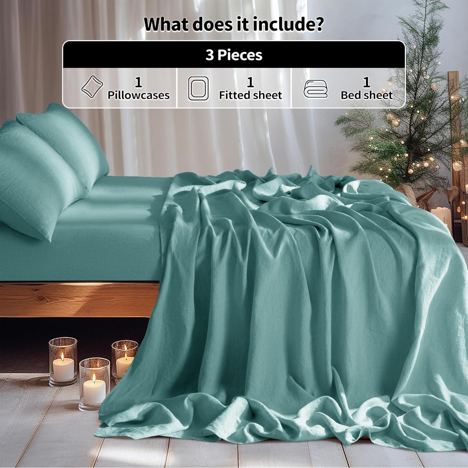 100% Linen Sheet Set Twin Size,Bed Sheets 3 Piece Sets,Solid Color Natural Flax Bed Sheets Soft Breathable Bedding,16" Deep Pocket,All Season (Twin, Aqua)